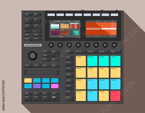 Realistic controller for vector electronic music production. USB device for connecting to a computer. Technique for DJs and live performances. MIDI interface for musicians. Night clubs theme.  
