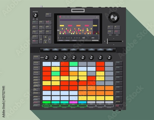 Realistic controller for vector electronic music production. USB device for connecting to a computer. Technique for DJs and live performances. MIDI interface for musicians. Night clubs theme.  
