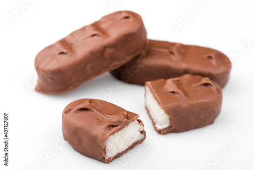 chocolate bar on a white background. bounty bars close-up.