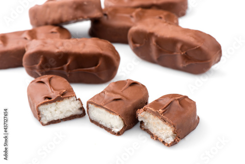 chocolate bar on a white background. bounty bars close-up.