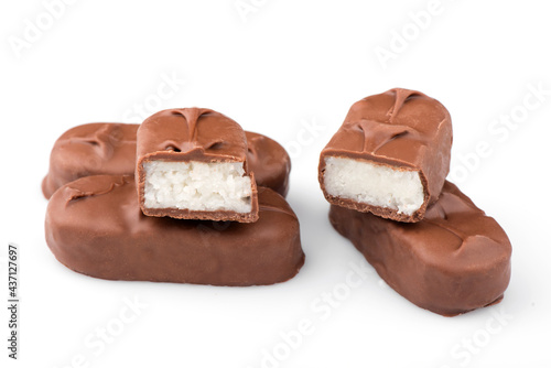 Bild auf Leinwand chocolate bar on a white background. bounty bars close-up.