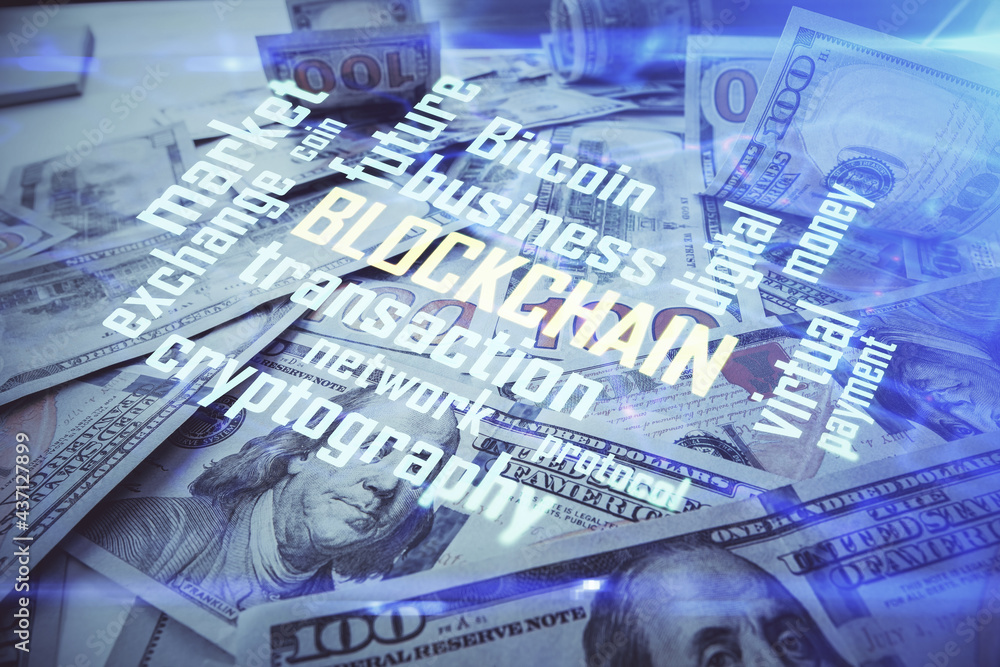 Fototapeta premium Multi exposure of crypto theme drawing over us dollars bill background. Concept of blockchain success.
