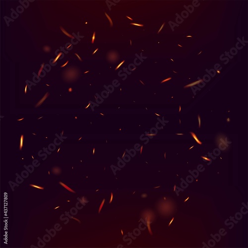 Burning Flame Fiery Sparks Background. Hot Blazing Flake Flashes. Realistic Energy Glow. Bright Night, Gold Stars. Isolated Fire, Orange Yellow Red Sparkles, Smoke. Realistic Fire Effect on Black.