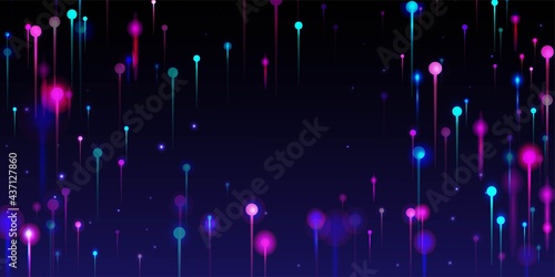 Blue Pink Purple Abstract Background. Big Data Artificial Intelligence Internet Technology Wallpaper. Network Scientific Banner. Bright Light Rays Elements. Fiber Optics Social Science Light Pins.