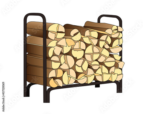 Woodpile with firewood vector full color illustration. Firewood stand filled with chopped logs for fireplace or stove. Wood for a fire or barbecue, folded on a special shelf.