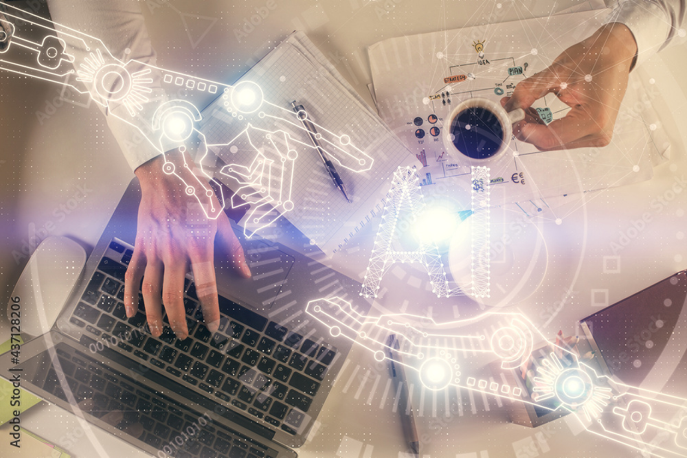 Double exposure of man's hands typing over computer keyboard and data theme hologram drawing. Top view. Technology concept.
