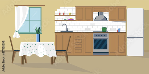 illustration of a kitchen with a kitchen set and a table