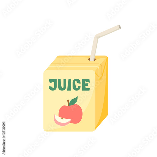 Box of apple juice with a tube, it shows an apple and the word juice. Vector illustration in a flat style, isolated on a white background.