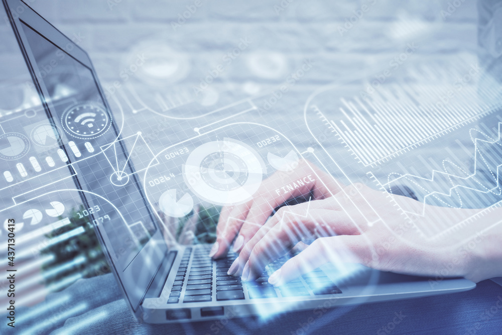 Double exposure of woman hands typing on computer and technology theme drawing. High Tech concept. Double exposure of woman hands typing on computer and technology theme drawing. High Tech concept.