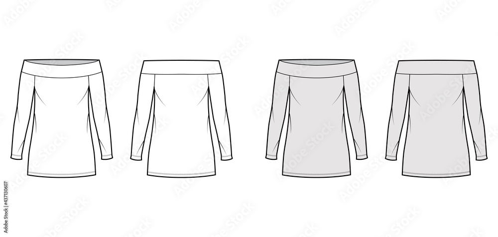 Dress off-the-shoulder Bardot technical fashion illustration with long sleeves, oversized body, mini length pencil skirt. Flat apparel front, back, white, grey color style. Women men unisex CAD mockup Dress off-the-shoulder Bardot technical fashion illustration with long sleeves, oversized body, mini length pencil skirt. Flat apparel front, back, white, grey color style. Women men unisex CAD mockup