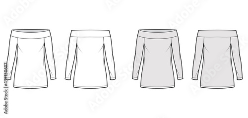 Dress off-the-shoulder Bardot technical fashion illustration with long sleeves, oversized body, mini length pencil skirt. Flat apparel front, back, white, grey color style. Women men unisex CAD mockup