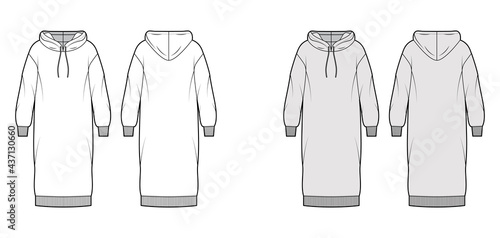 Dress hoody technical fashion illustration with long sleeves, rib cuff oversized body, knee length skirt. Flat apparel front, back, white, grey color style. Women, men unisex CAD mockup