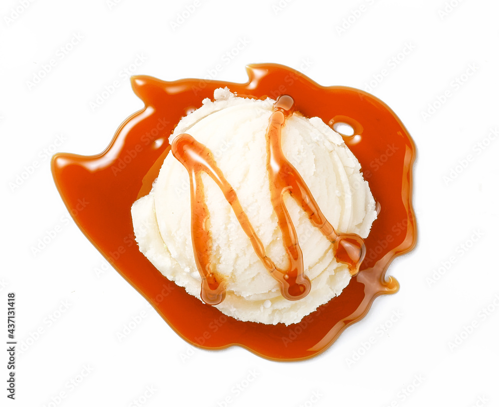 Scoop of ice cream with caramel sauce isolated. Ice cream on white ...