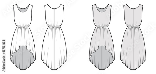 Dress high-low technical fashion illustration with sleeveless, oversized body, natural elastic waistline, circular skirt. Flat apparel front, back, white, grey color style. Women men unisex CAD mockup