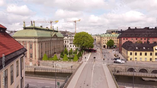 The centre of Stockholm, Sweden, filmed with a drone, May 2021. The building on the left is Riddarhuset or The House of Nobility. photo