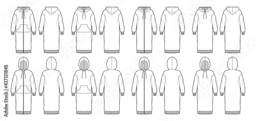 Set of Dresses zip-up hoody technical fashion illustration with long sleeves  kangaroo pouch  rib cuff oversized body  knee length skirt. Flat apparel front  back  white color style. Women  unisex CAD