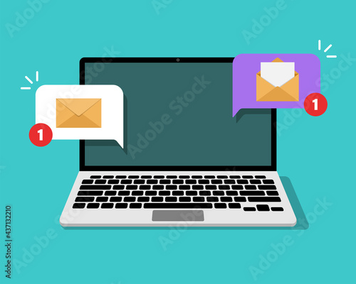 New email message notifications on computer screen. Unread letters on laptop screen. Vector illustration