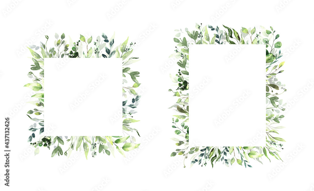 © Olesya Frolova - Watercolor floral illustration set - green leaf Frame collection, for wedding stationary, greetings, wallpapers, fashion, background. Eucalyptus, olive, green leaves, etc. High quality illustration