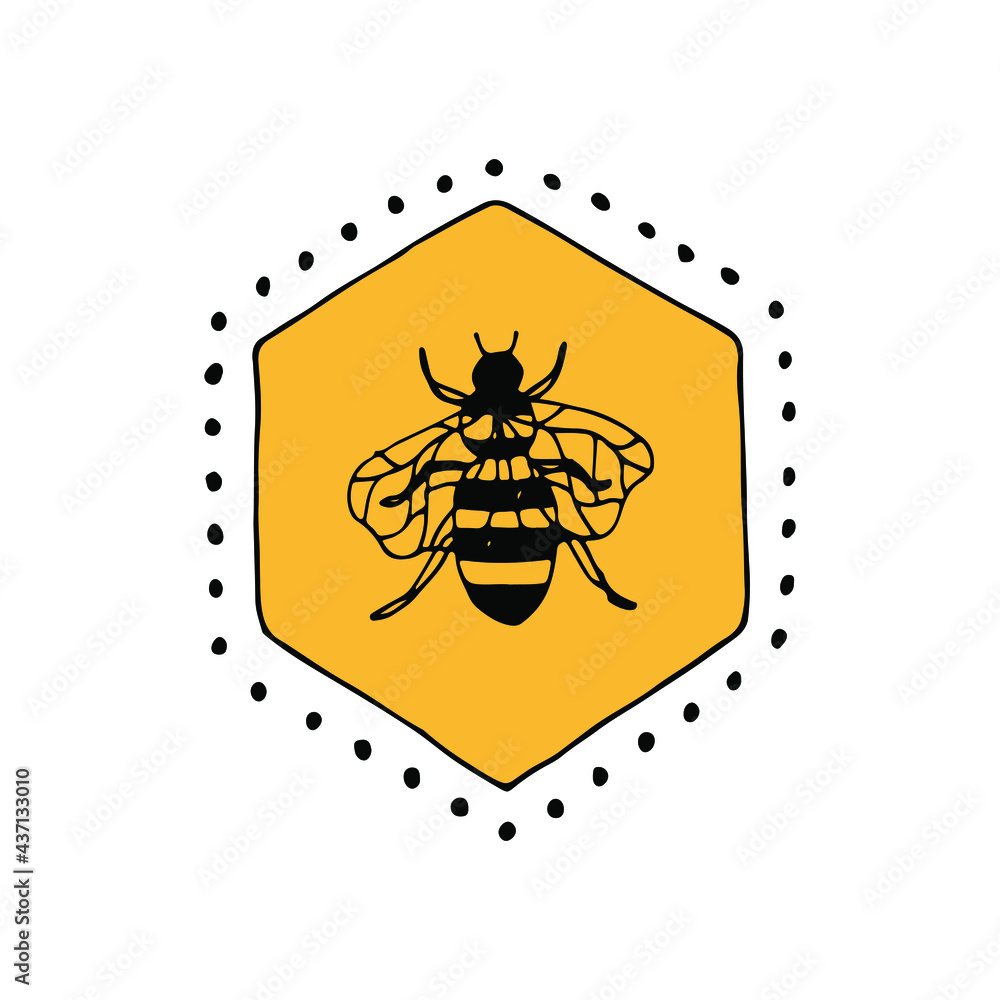 Vector bee with honeycomb. Linear hand drawn illustration with bright spot is perfect for honey design, beekeeper brand identity, floral logo, icon, label, card, poster Vector bee with honeycomb. Linear hand drawn illustration with bright spot is perfect for honey design, beekeeper brand identity, floral logo, icon, label, card, poster
