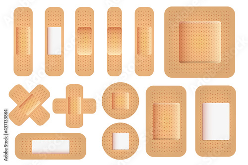 Different shapes medical plasters. Adhesive strip bandages with realistic texture for health care. Vector plaster set isolated on white background. Vector EPS10