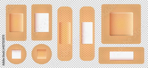 Realistic vector plaster set. Medical plasters isolated on transparent background. Adhesive strip bandage. Beige aid patch strip with texture. Different wound plasterers for health care. Vector EPS10