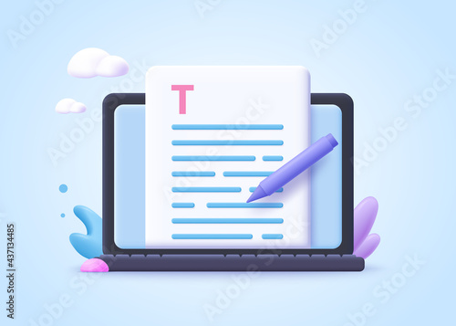 Editable online document concept.  Creative writing, storytelling, copywriting, online education. 3d  vector illustration.