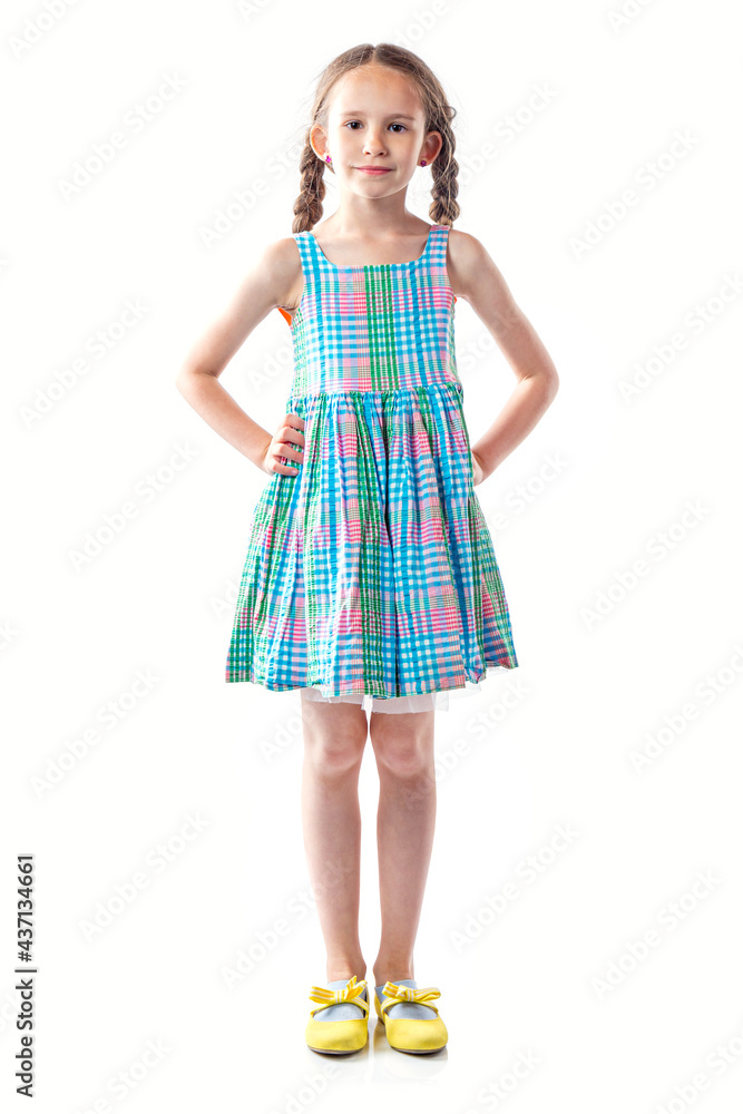 Cute european little girl in colorful dress with pigtails isolated on white background. Cute european little girl in colorful dress with pigtails isolated on white background.