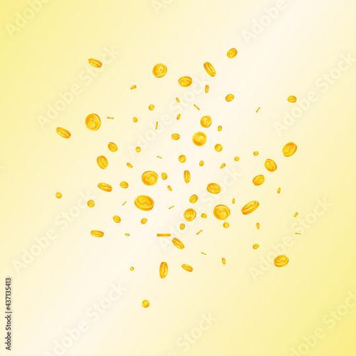 American dollar coins falling. Amazing scattered USD coins. USA money. Eminent jackpot  wealth or success concept. Vector illustration.
