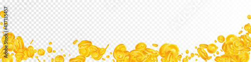 American dollar coins falling. Breathtaking scattered USD coins. USA money. Sightly jackpot, wealth or success concept. Vector illustration.