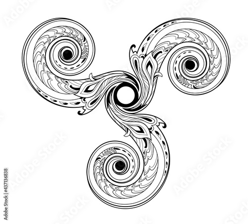 Fantasy Celtic disk ornament with triple spiral and Breton symbols. Ethnic symbol of trickle spiral. Print for logo, icon, tattoo. Folk geometric circle ornament. Black and white vector.