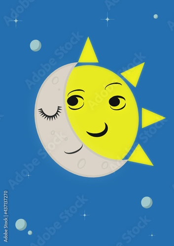 Eclipse solar. Sol y luna. Fase lunar creciente.