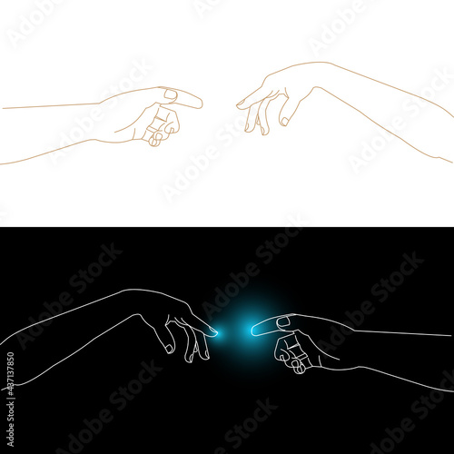 Michelangelos Adam and God hands interpretation, index fingers touching each other, man and woman connecting hands, vector outline illustration