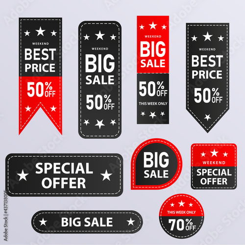 Modern Premium Sale labels collection. Rectangle Flag Label Circle Square unique designs set with Best price Big sale special offer Best price text with star symbols