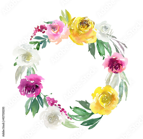 Fototapeta Naklejka Na Ścianę i Meble -  Watercolor wreath with flowers & leaves, bright floral round frame
