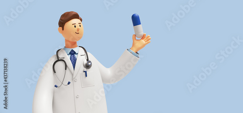 3d render. Doctor or pharmacist cartoon character holding big blue pill. Medicament recommendation. Pharmaceutical clip art isolated on blue background