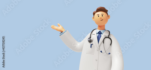 Fototapeta Naklejka Na Ścianę i Meble -  3d render. Human doctor cartoon character with stethoscope, looking at camera. Clip art isolated on blue background. Professional recommendation. Medical presentation