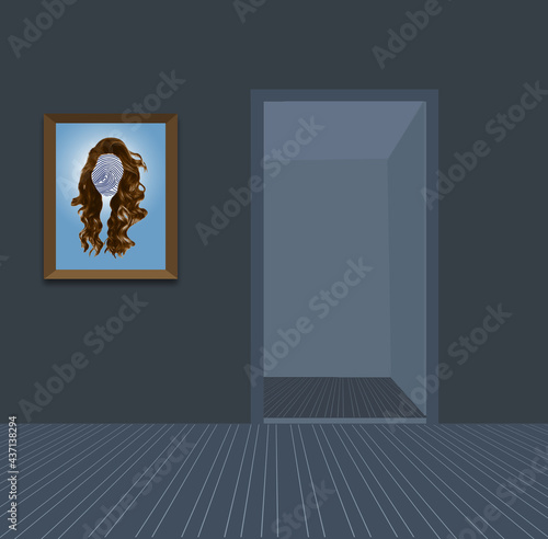 A colorless room is seen with a portrait of a woman hanging the wall that has a fingerprint as her face in this 3-d illustration about people losing their identity in the modern technology world.