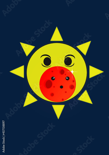 Eclipse solar. Sol y luna cartoon.