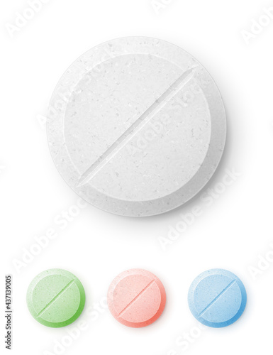Vector illustration of white, green, pink, and blue tablets.