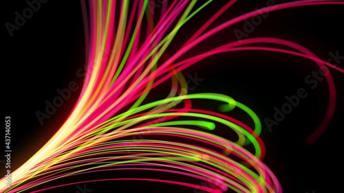 3d render. Light flow bg. Abstract background with light trails, stream of green red yellow neon lines form spiral shapes. Modern trendy motion design background light effect.