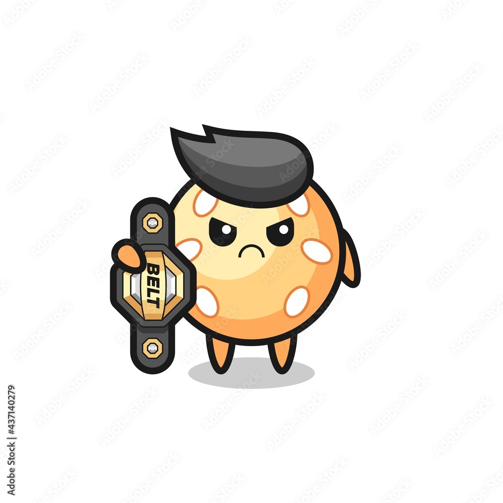 sesame ball mascot character as a MMA fighter with the champion belt