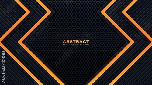Abstract 3D black technology background overlap layers on dark space with orange light effect decoration. Modern graphic design template elements for poster, flyer, brochure, or banner