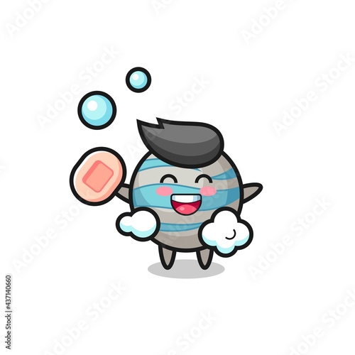 planet character is bathing while holding soap