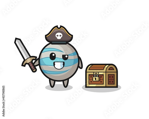 the planet pirate character holding sword beside a treasure box