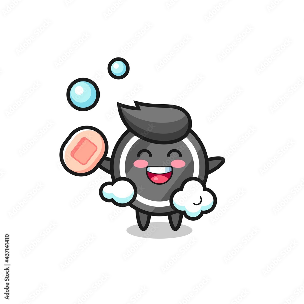 hockey puck character is bathing while holding soap hockey puck character is bathing while holding soap