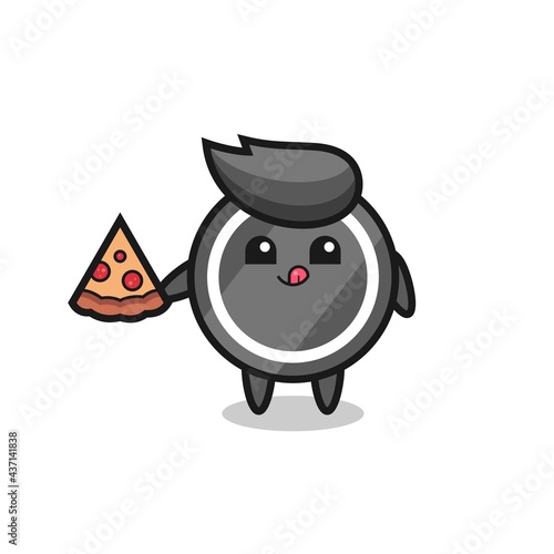 cute hockey puck cartoon eating pizza