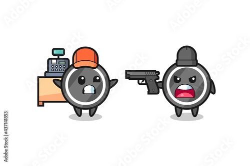 illustration of the cute hockey puck as a cashier is pointed a gun by a robber © heriyusuf