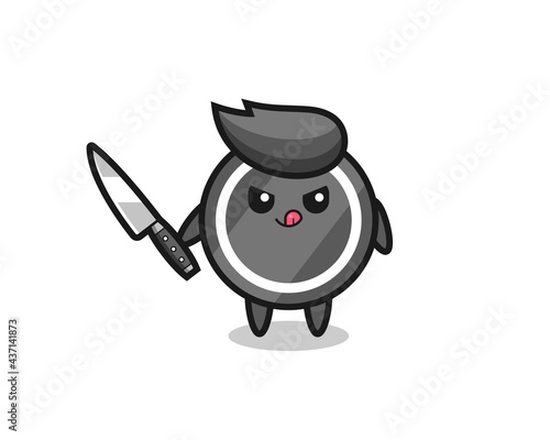 cute hockey puck mascot as a psychopath holding a knife