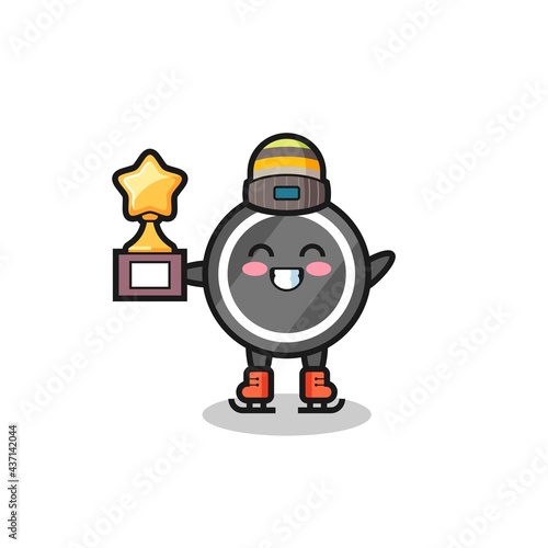hockey puck cartoon as an ice skating player hold winner trophy