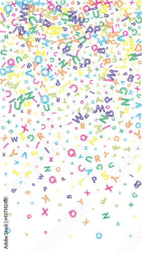 Falling letters of English language. Colorful messy sketch flying words of Latin alphabet. Foreign languages study concept. Ravishing back to school banner on white background.